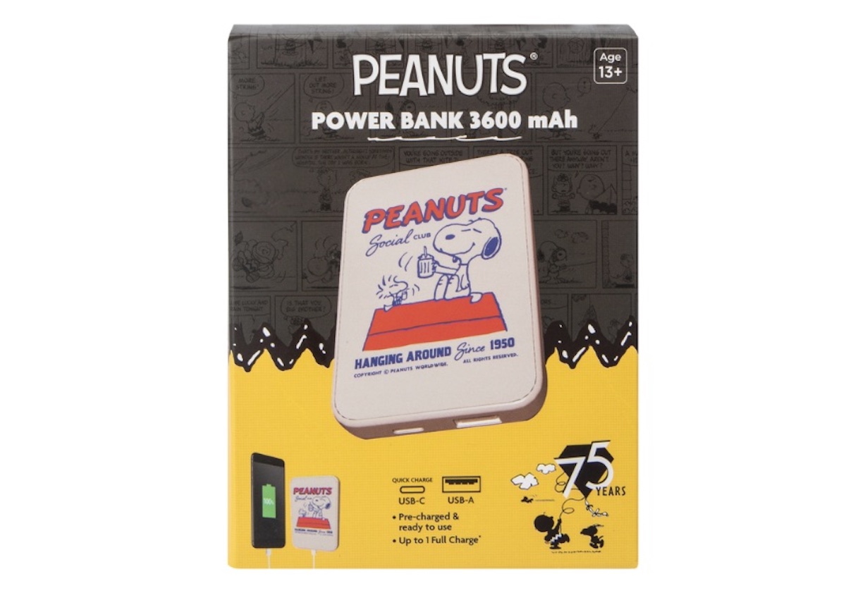 A Peanuts-themed power bank (3600 mAh) in product packaging, featuring Snoopy and the phrase “Hanging Around Since 1950,” with Peanuts branding and a 75th-anniversary logo—a fun five below finds pick for ages 13 and up.