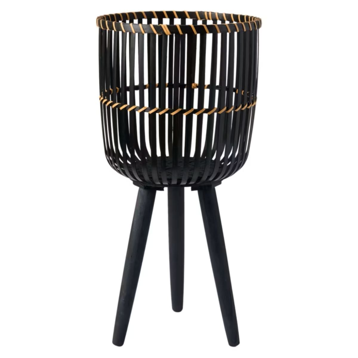 A black, three-legged plant stand with an open, slatted basket-style top and natural wood accents along the rim and middle.