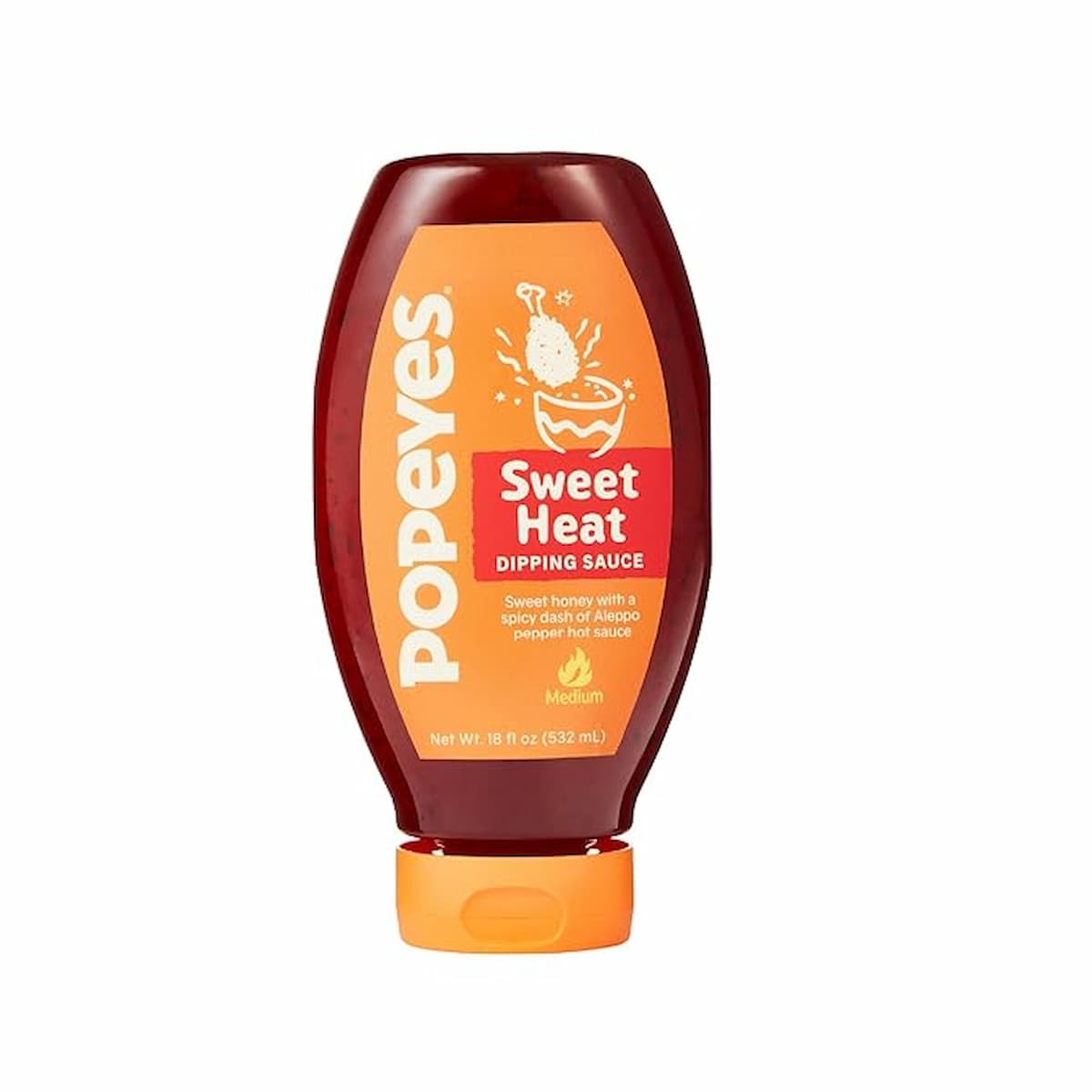 A bottle of Popeyes Sweet Heat Dipping Sauce with an orange label, featuring a chicken drumstick illustration and text describing it as a sweet honey and spicy jalapeño pepper hot sauce, medium heat, 18 fl oz.
