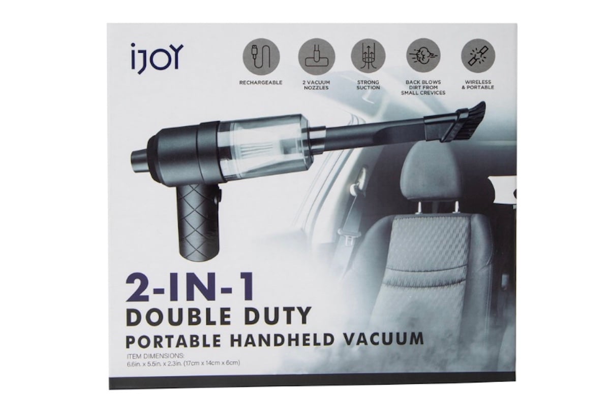 A product box for the iJoy 2-in-1 Double Duty Portable Handheld Vacuum, a five below finds favorite, features a rechargeable battery, two nozzles, strong suction, and portability—with an image of the vacuum cleaning a car interior.