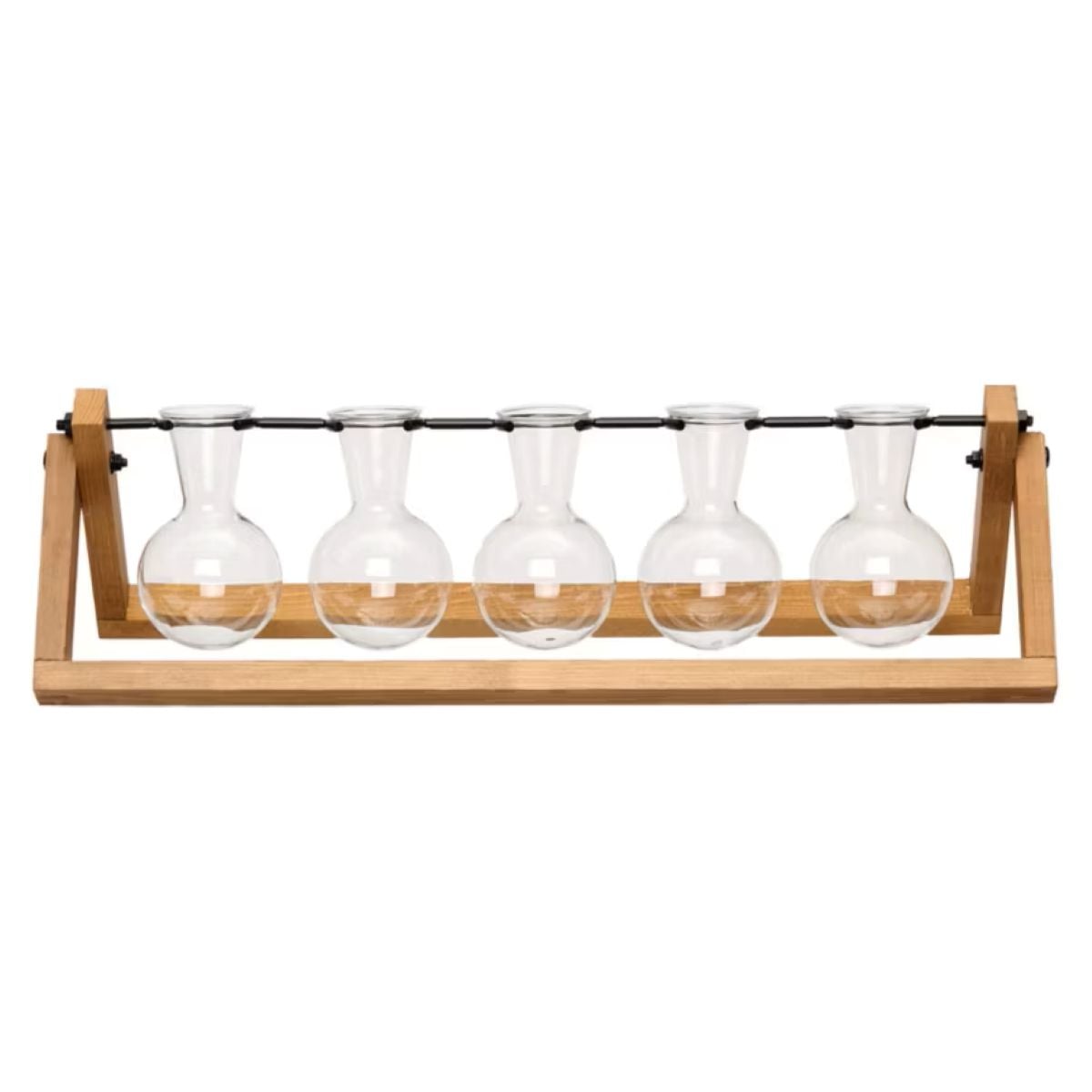 A wooden stand holds five clear glass bulb-shaped vases in a row, each evenly spaced and suspended from a black metal rod.