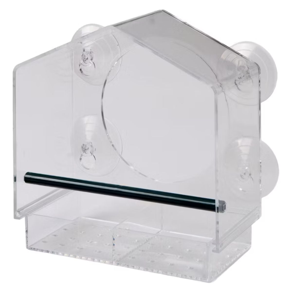 Clear acrylic bird feeder with a slanted roof, two suction cups for window mounting, a small perch, and a divided feeding tray at the bottom.