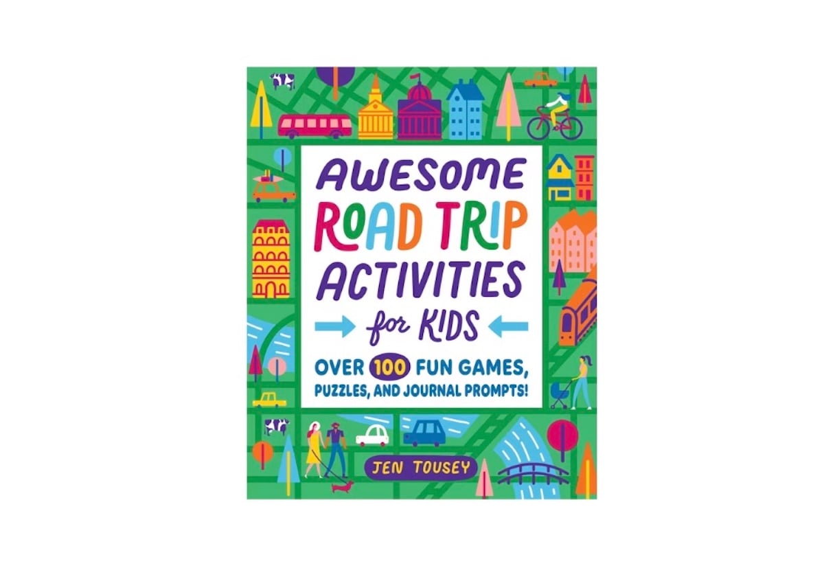 Colorful book cover titled "Awesome Road Trip Activities for Kids" by Jen Tousey, perfect for spring break adventures, featuring playful illustrations of cars, landmarks, roads, trees, and buildings on a green background.