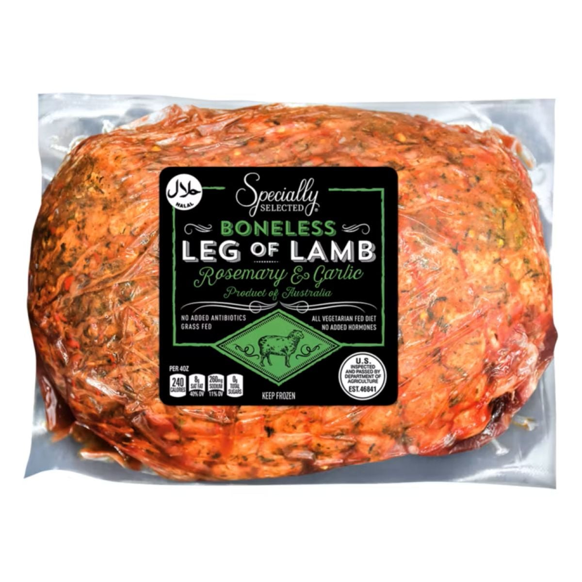 Vacuum-sealed package of Specially Selected Boneless Leg of Lamb with rosemary and garlic, labeled as a product of Australia, featuring seasoning on the meat and details about no added antibiotics or hormones.
