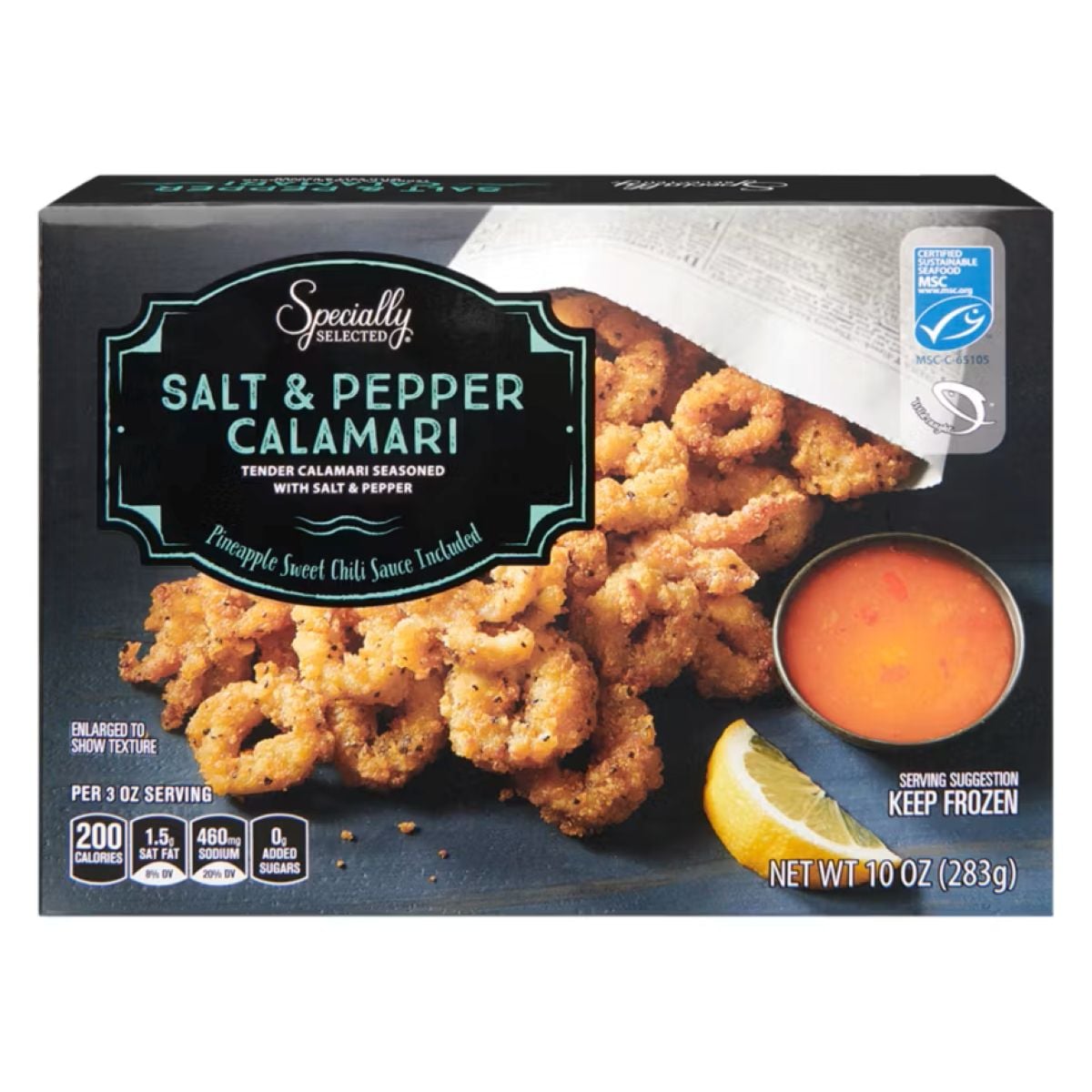 A box of Specially Selected Salt & Pepper Calamari, showing crispy breaded calamari rings with a cup of orange dipping sauce. The front displays nutrition facts and indicates the product is frozen, 10 oz.