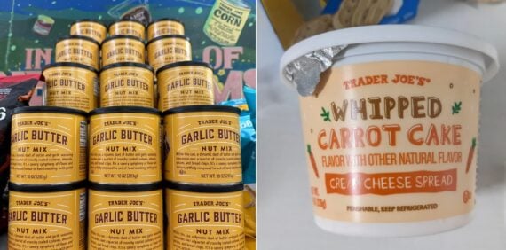 The image shows stacks of Trader Joe&rsquo;s Garlic Butter Nut Mix cans on the left, and a container of Trader Joe&rsquo;s Whipped Carrot Cake Cream Cheese Spread on the right.