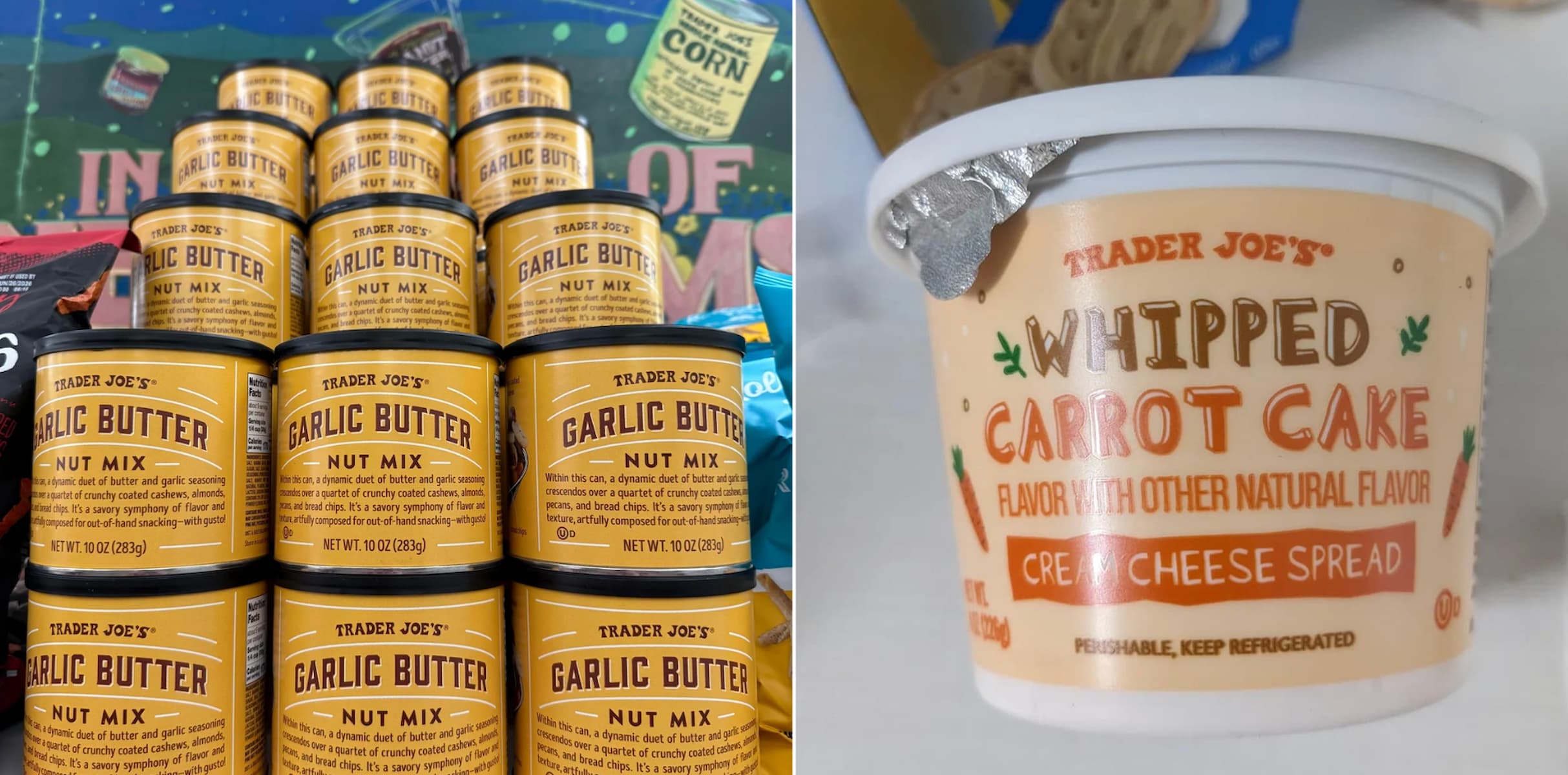 The image shows stacks of Trader Joe’s Garlic Butter Nut Mix cans on the left, and a container of Trader Joe’s Whipped Carrot Cake Cream Cheese Spread on the right.