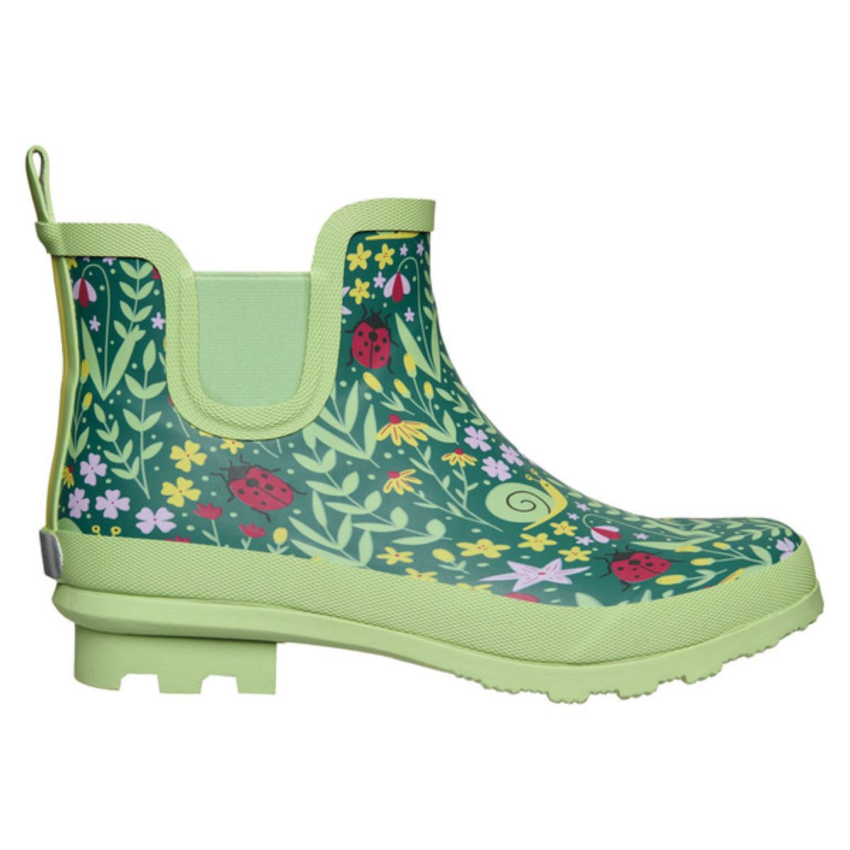 Light green ankle rain boot with a colorful garden-themed design, featuring flowers, leaves, snails, and red ladybugs on the sides. The sole and trims are solid light green.