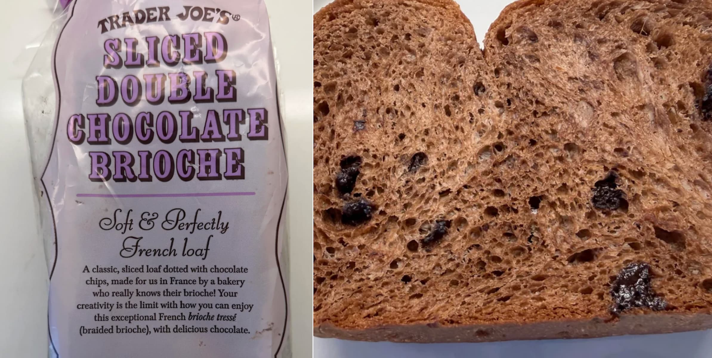 A package of Trader Joe’s Sliced Double Chocolate Brioche sits beside two slices of the dark, chocolate-speckled bread, showing its soft texture and small bits of chocolate inside.