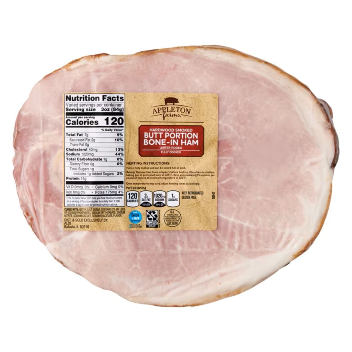 A large slice of hardwood smoked butt portion bone-in ham from Appleton Farms, with a nutrition facts label and cooking instructions shown on the surface of the ham.