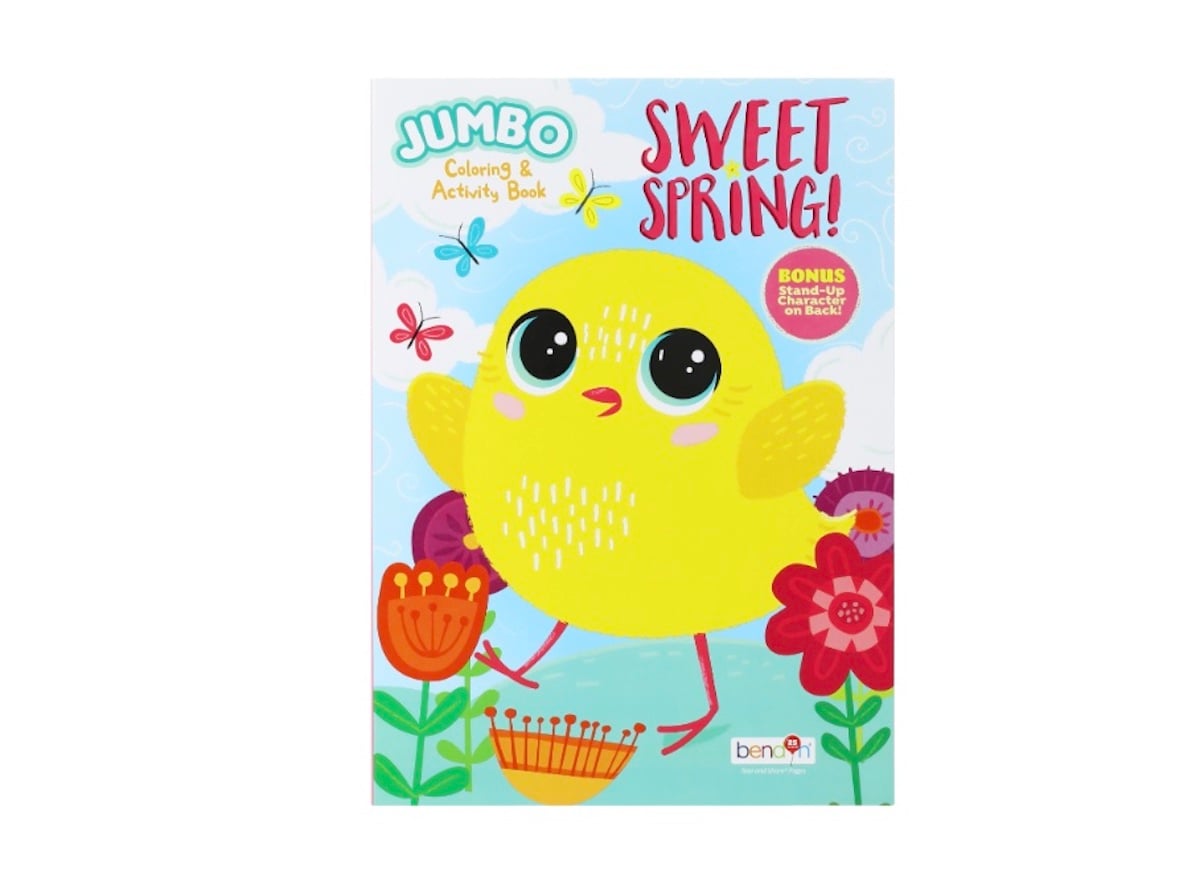 Cover of a children's coloring and activity book titled "Sweet Spring! JUMBO Coloring & Activity Book," featuring a cute yellow chick surrounded by colorful flowers and butterflies.