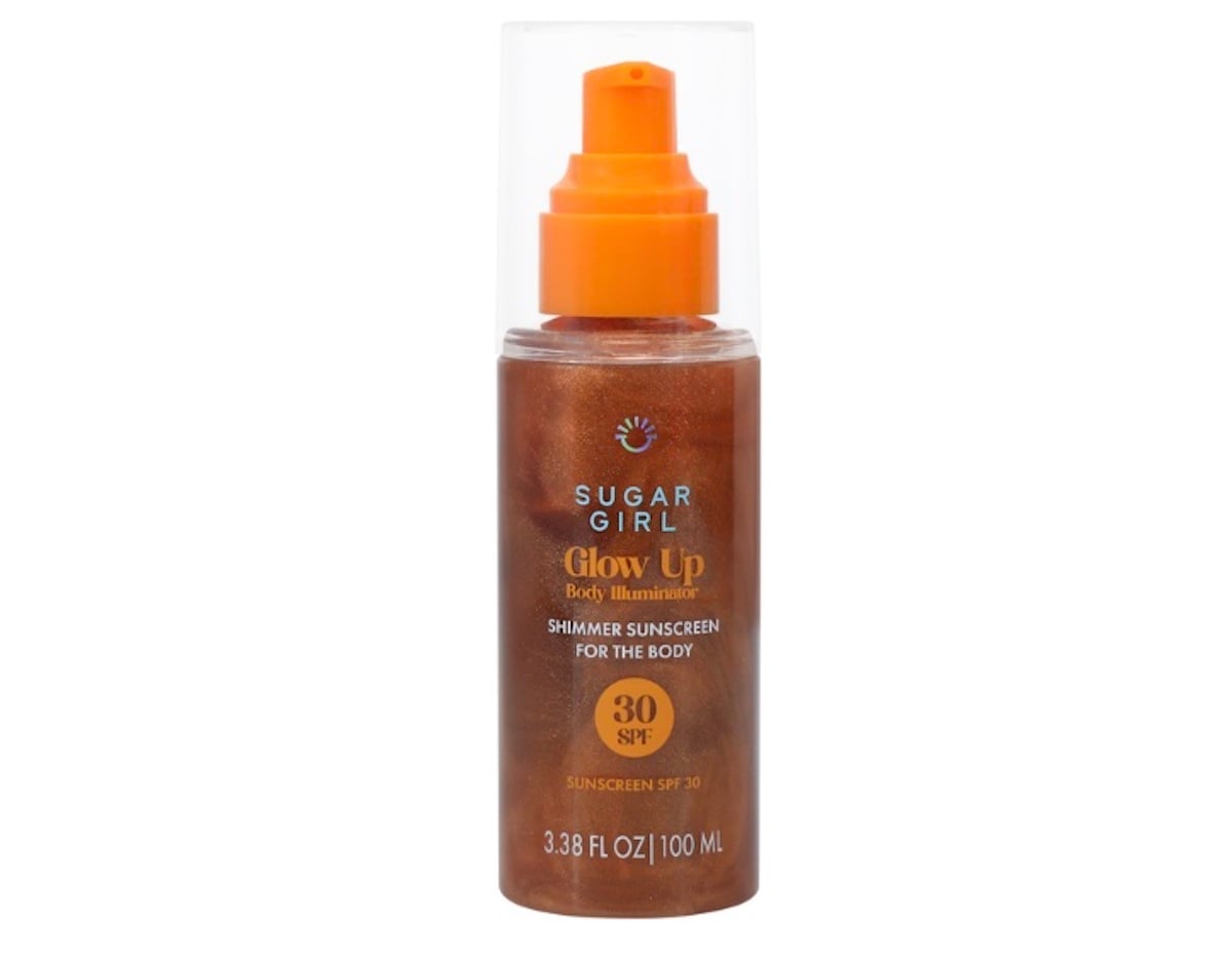 A five below finds favorite: Sugar Girl Glow Up Body Illuminator shimmer sunscreen with SPF 30. The clear bottle with an orange pump holds 3.38 fl oz (100 ml) of radiant, bronze-colored liquid for a glowing look.