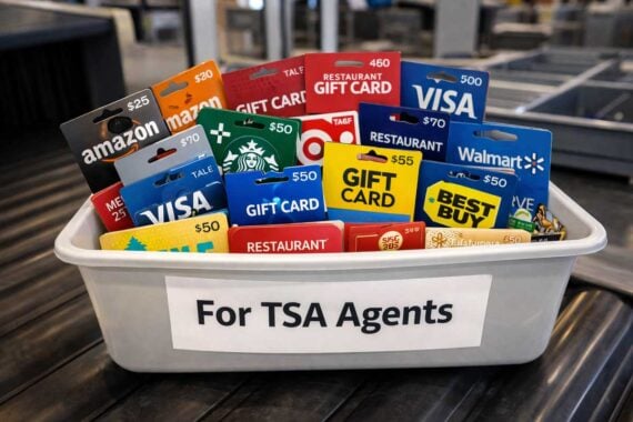 A plastic bin labeled "For TSA Agents" holds various gift cards, including Amazon, Visa, Starbucks, Walmart, Best Buy, and restaurant cards, at an airport security checkpoint.