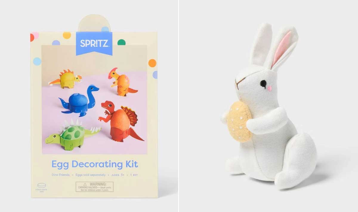 A dinosaur-themed egg decorating kit box, perfect for Target Easter basket stuffers, sits on the left, while a white plush bunny holding a yellow egg is on the right, both set against a light background.