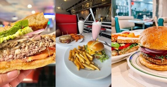 Three images capture the vibe of old-school diners in America: a close-up of a veggie burger loaded with lettuce, tomato, and onion; plates piled with burgers, fries, sweet potato fries, milkshakes; and a sandwich and burger stacked with fresh toppings.
