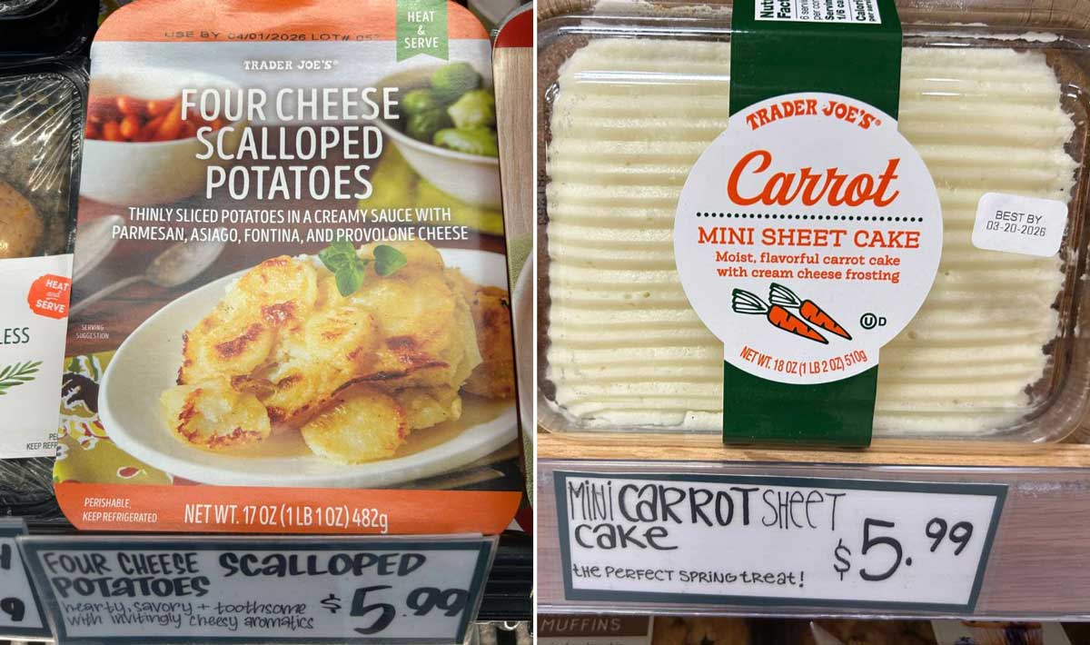 A package of Four Cheese Scalloped Potatoes and a Mini Carrot Sheet Cake, both from Trader Joe’s, perfect for a Trader Joe's Easter dinner, on display with price tags showing $5.99 each.