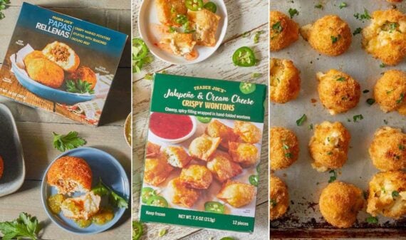 Three frozen Trader Joe&rsquo;s Apps are shown: papas rellenas with beef picadillo, jalape&ntilde;o & cream cheese crispy wontons, and cheese-stuffed bites on a baking tray, each displayed with packaging and serving suggestions.