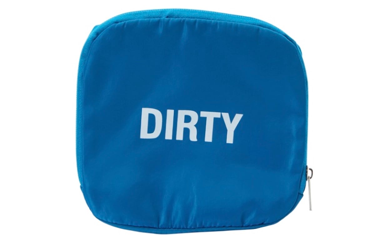 A blue zippered pouch with the word "DIRTY" printed in bold white letters on the front—one of those fun five below finds you didn’t know you needed.