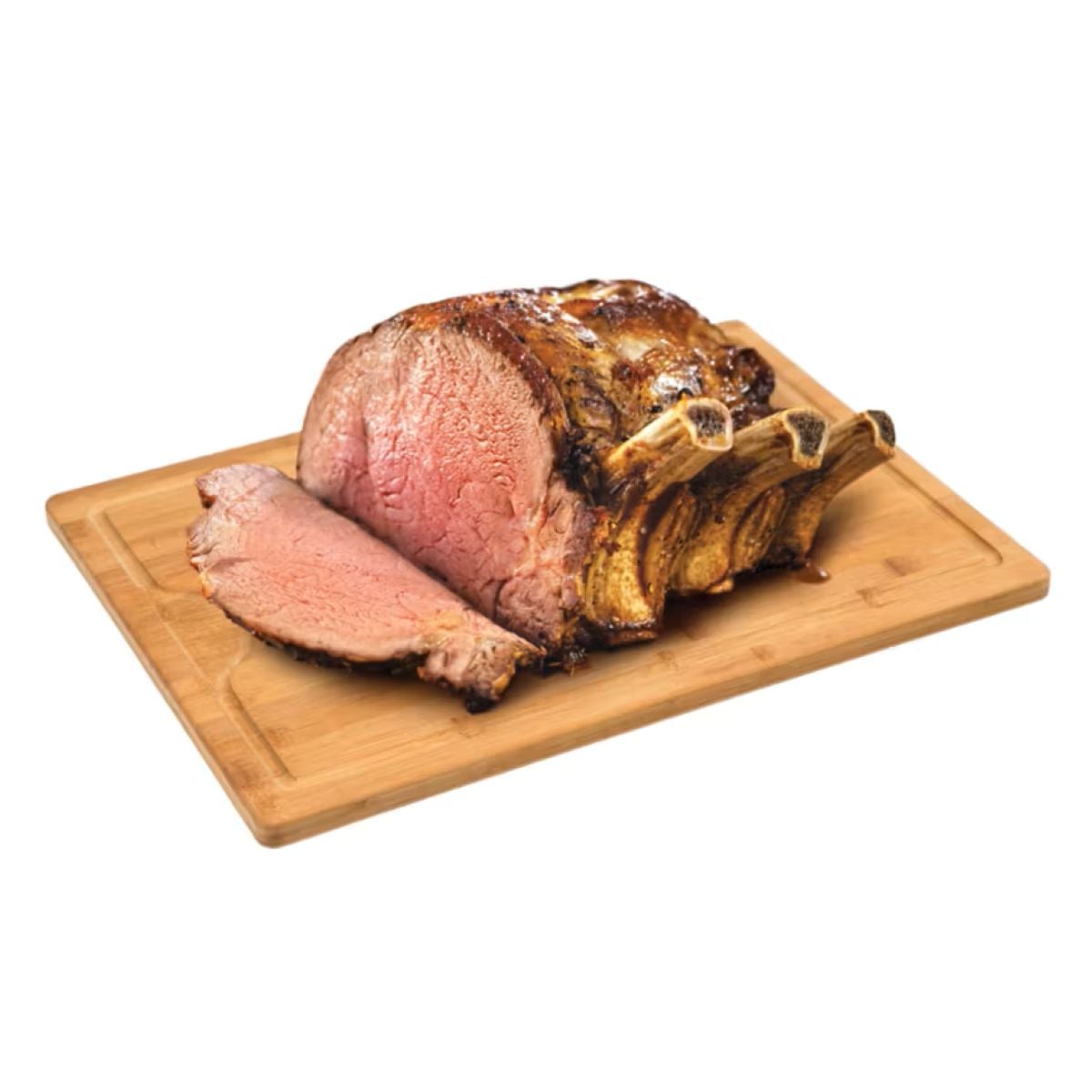 A roasted prime rib with three exposed bones is displayed on a wooden cutting board. One thick slice has been cut, showing the pink, juicy interior and browned, seasoned crust.