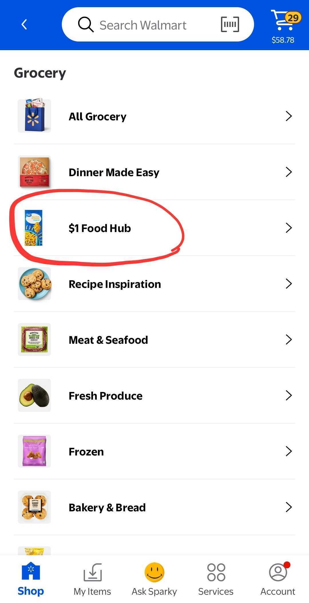 Screenshot of the Walmart app Grocery section. A red circle highlights the "$1 Food Hub" menu option among other categories like Dinner Made Easy, Meat & Seafood, Fresh Produce, Frozen, and Bakery & Bread.