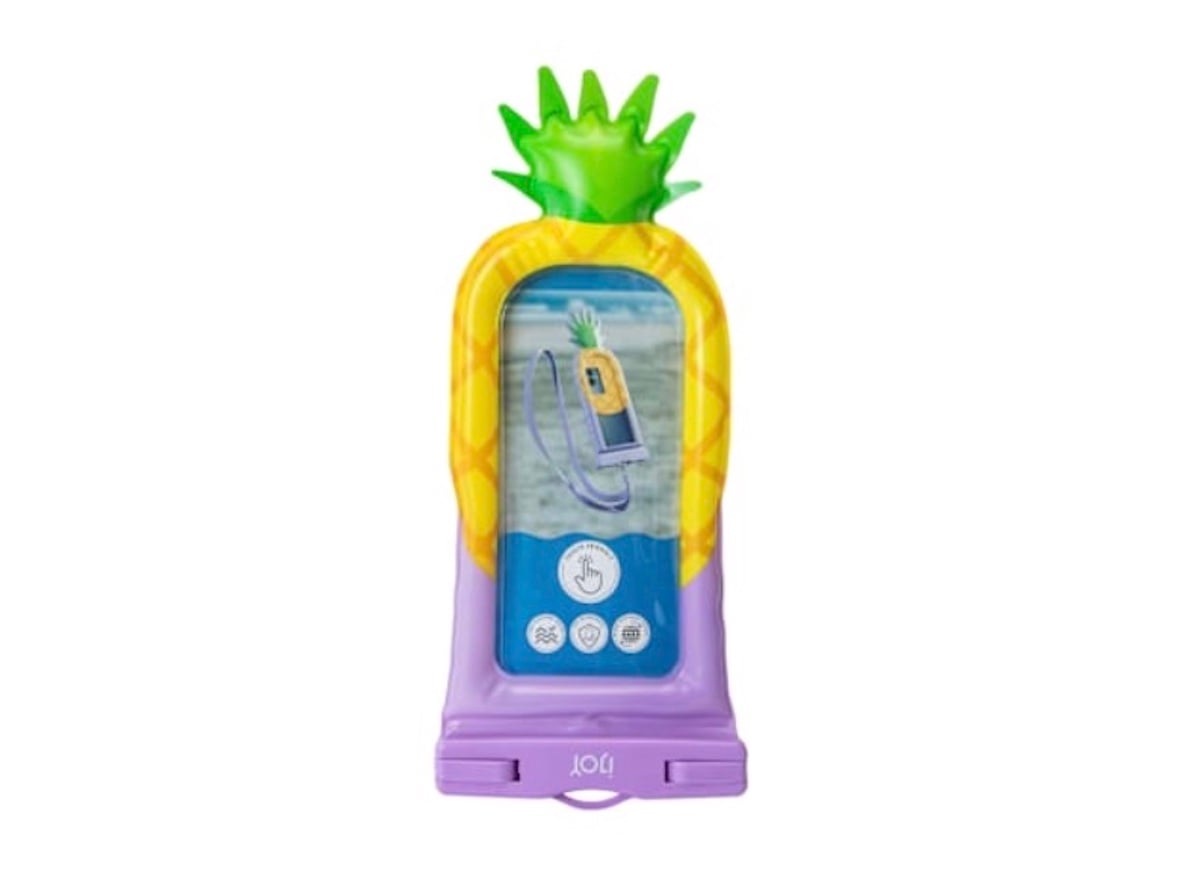 A fun five below finds pick: a waterproof phone pouch shaped like a pineapple, featuring a green leafy top, yellow body, and purple base, keeping your smartphone safe inside.