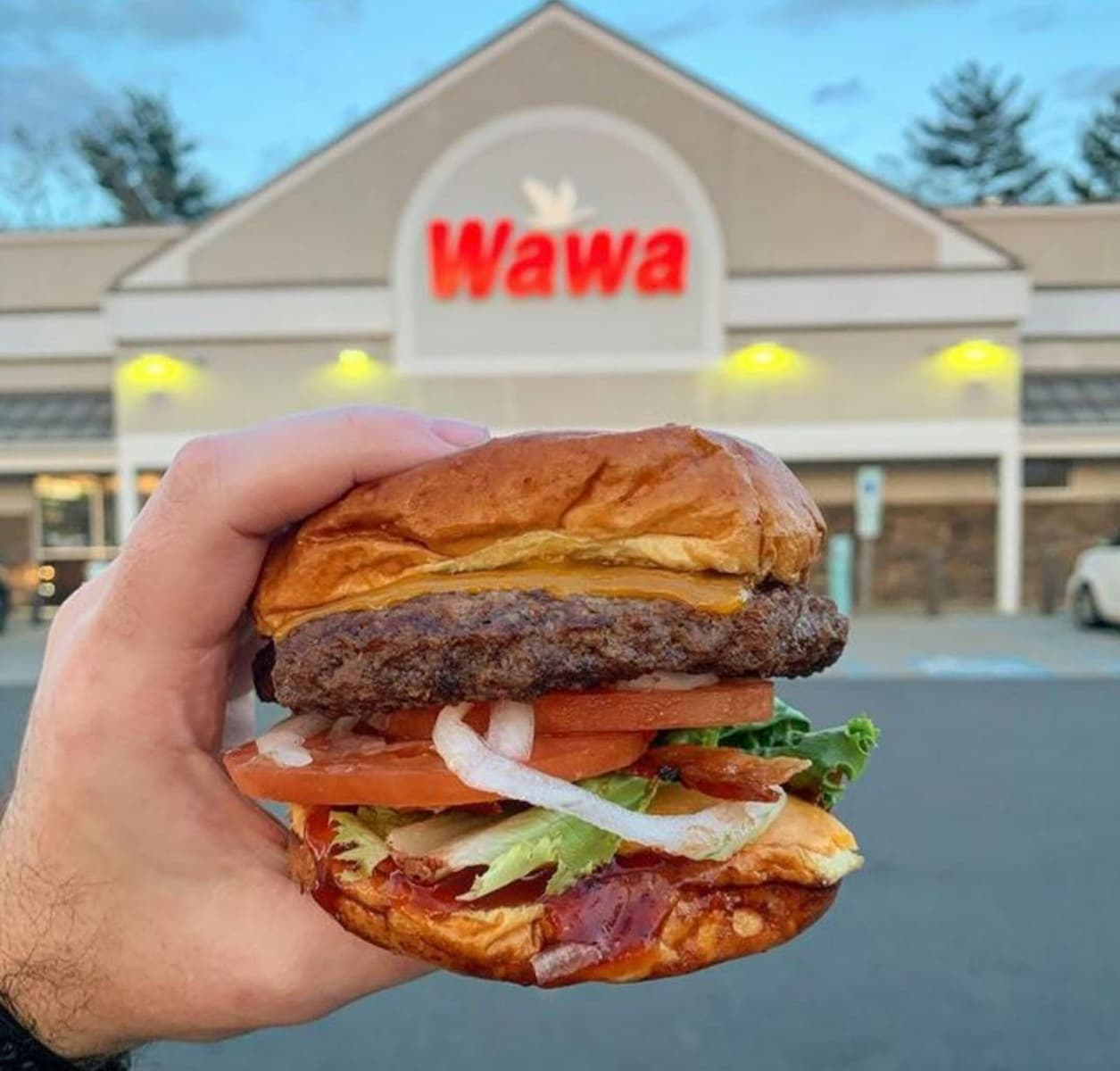 A hand holding a burger with lettuce, tomato, onions, and cheese in front of a Wawa convenience store. The store sign is visible in the background.