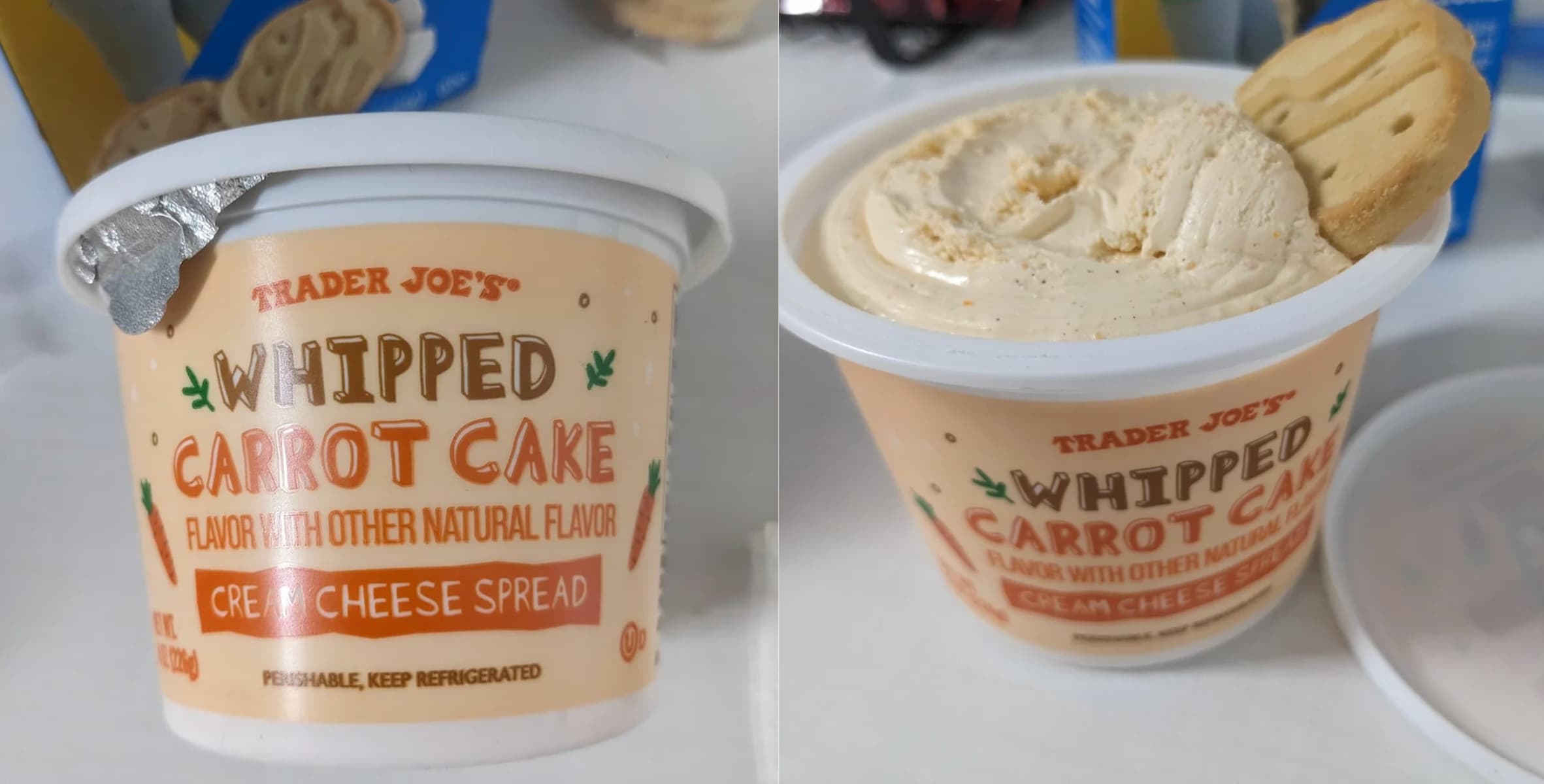 Two photos of Trader Joe’s Whipped Carrot Cake Cream Cheese Spread. The first shows the sealed tub, and the second shows the open spread with a cookie dipped into it.