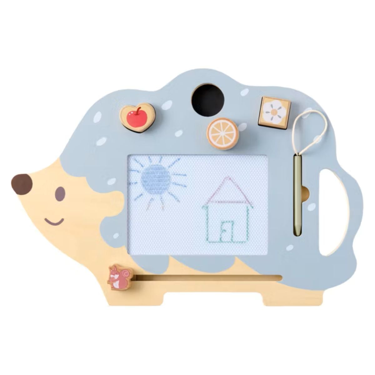 A hedgehog-shaped magnetic drawing board with a blue back, a screen showing a sun and a house, a stylus on the right, and apple, orange, and flower magnets on top. A small pink hedgehog figure is at the bottom.