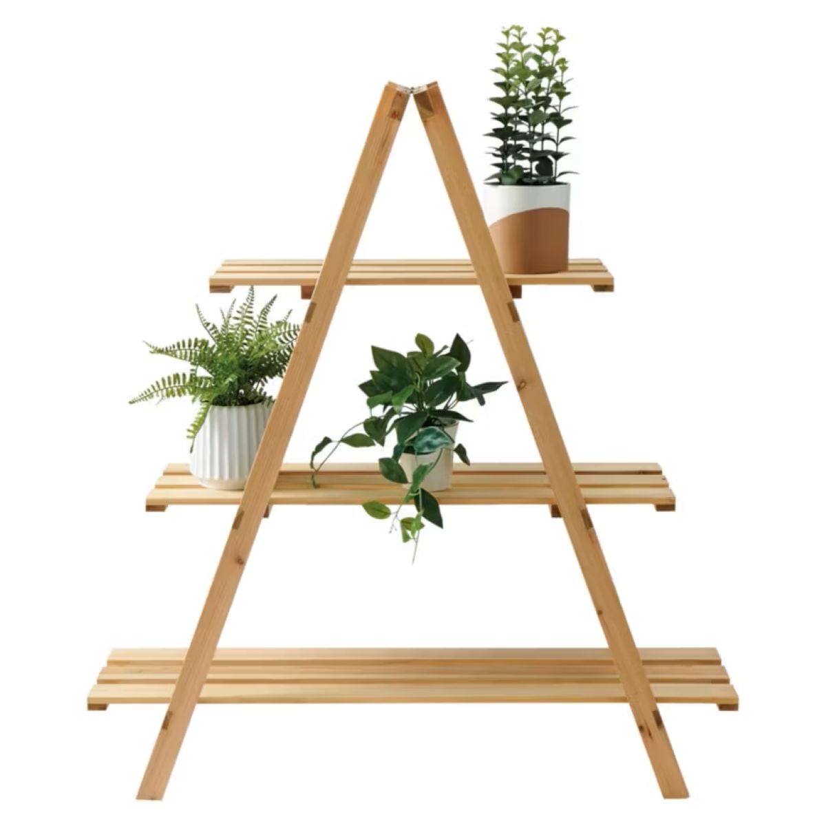 A triangular wooden plant stand with three shelves, holding three potted plants with green foliage. The stand has an A-frame design, and the background is plain white.