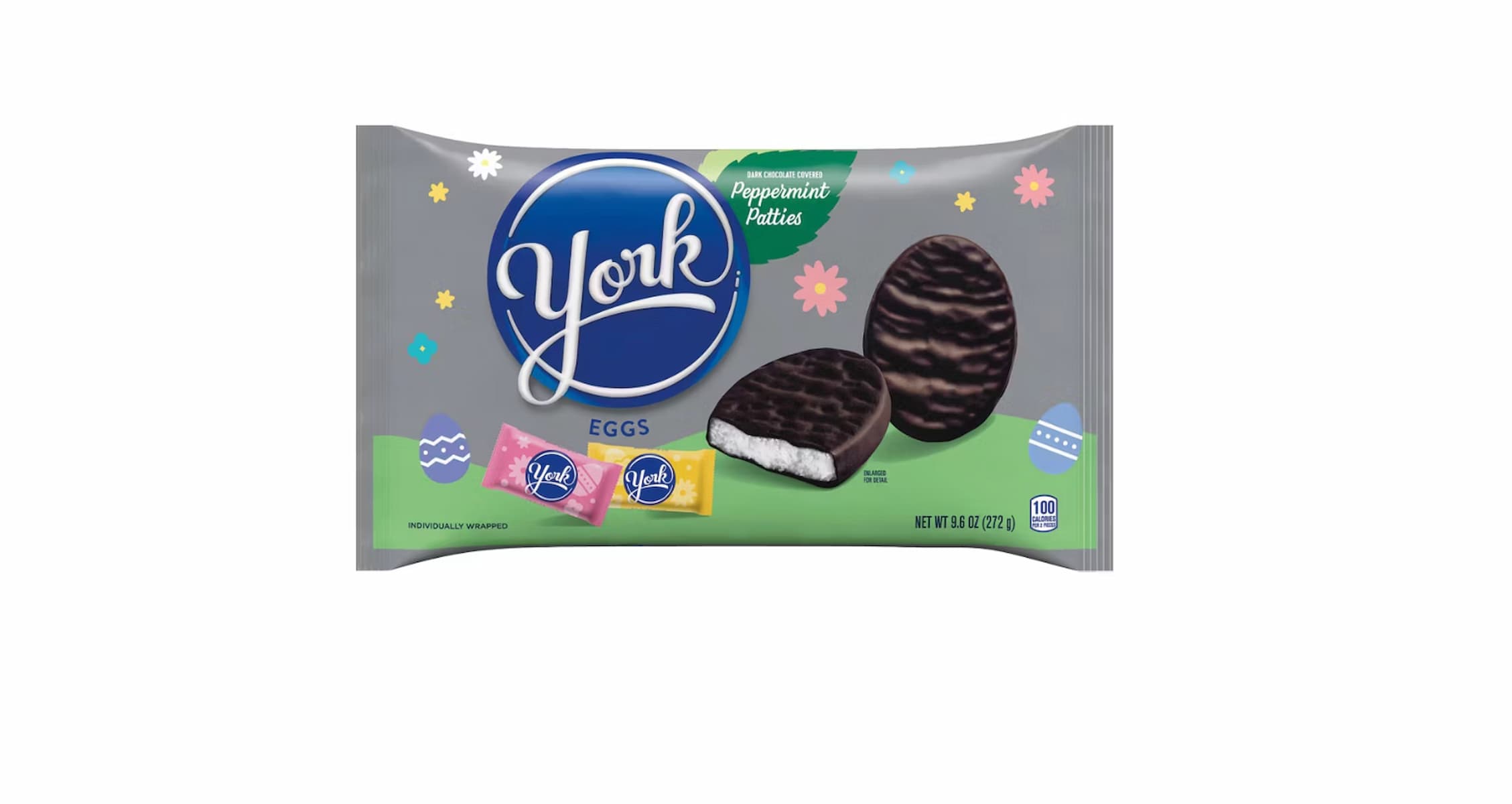 A package of York Peppermint Pattie Eggs, showing two chocolate-covered peppermint eggs on the front, with colorful flowers and individually wrapped candies on a gray and green background.