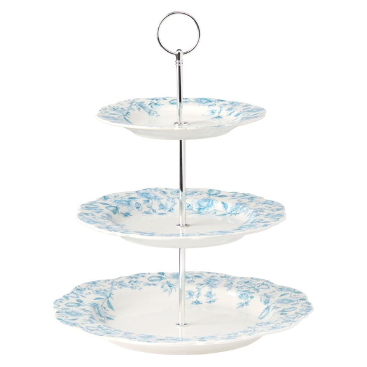 A three-tiered serving stand with white plates featuring blue floral patterns, supported by a metal rod with a round handle on top.