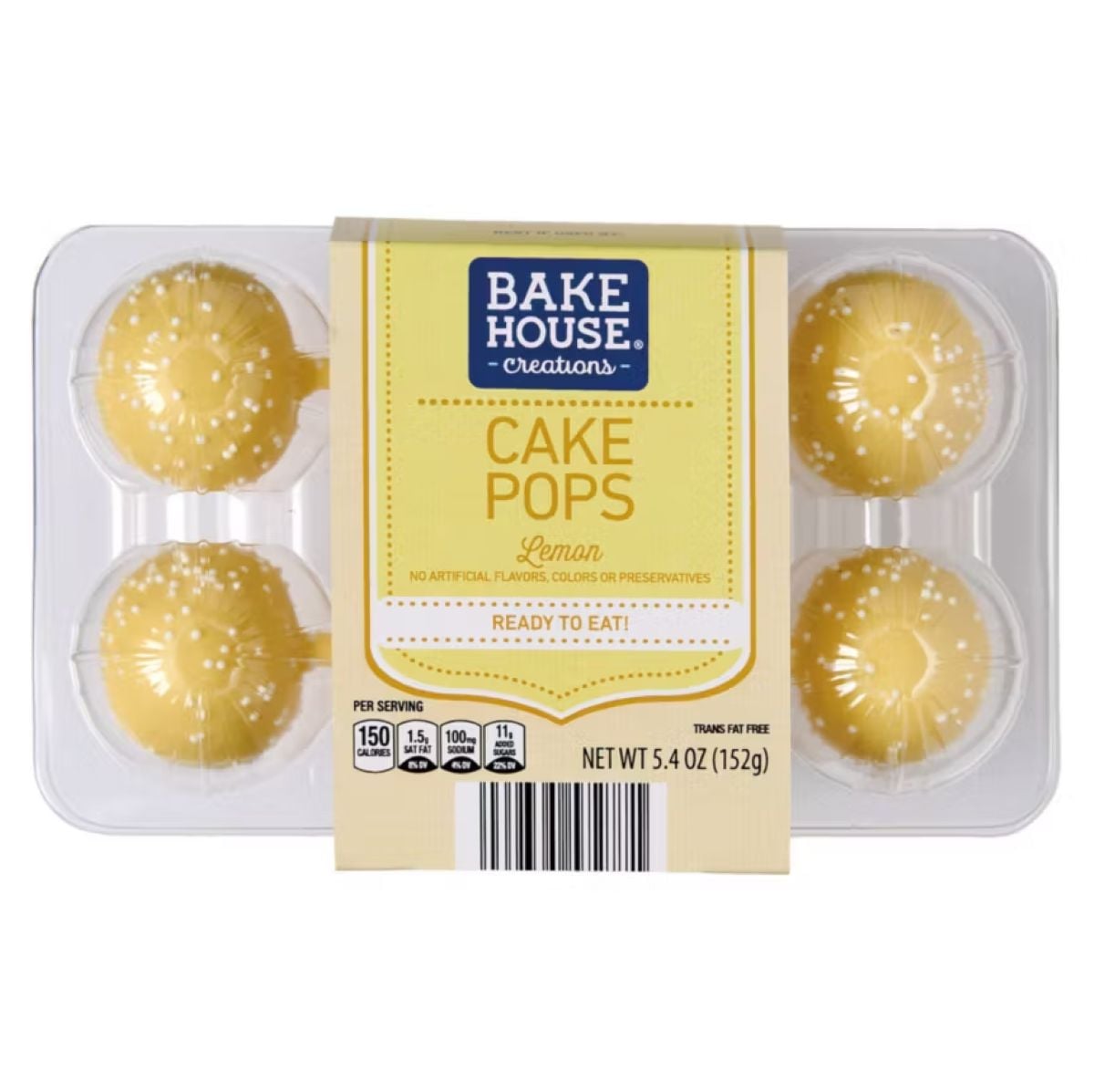 A plastic package of Bake House Creations Lemon Cake Pops, containing six yellow cake pops with white sprinkles, labeled “Ready to Eat” and “No Artificial Flavors, Colors or Preservatives.” Net weight 5.4 oz (152g).
