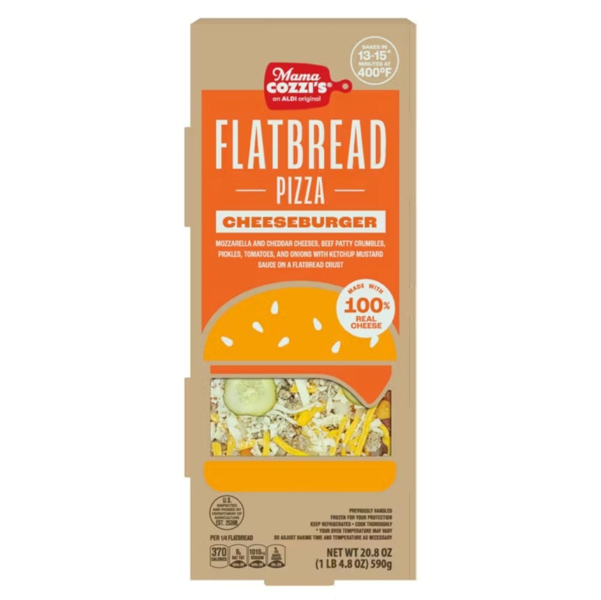 Rectangular box of Mama Cozzi’s Flatbread Pizza, Cheeseburger flavor. The packaging is orange and tan, showing mozzarella, cheddar, meat, pickles, tomato, and onion on flatbread under a clear window.