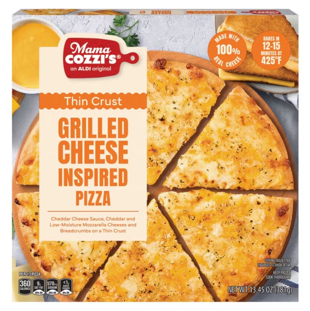 A box of Mama Cozzi's Thin Crust Grilled Cheese Inspired Pizza, featuring an image of a sliced pizza with a cheesy, golden crust. The packaging highlights cheddar and mozzarella cheeses and breadcrumb topping.