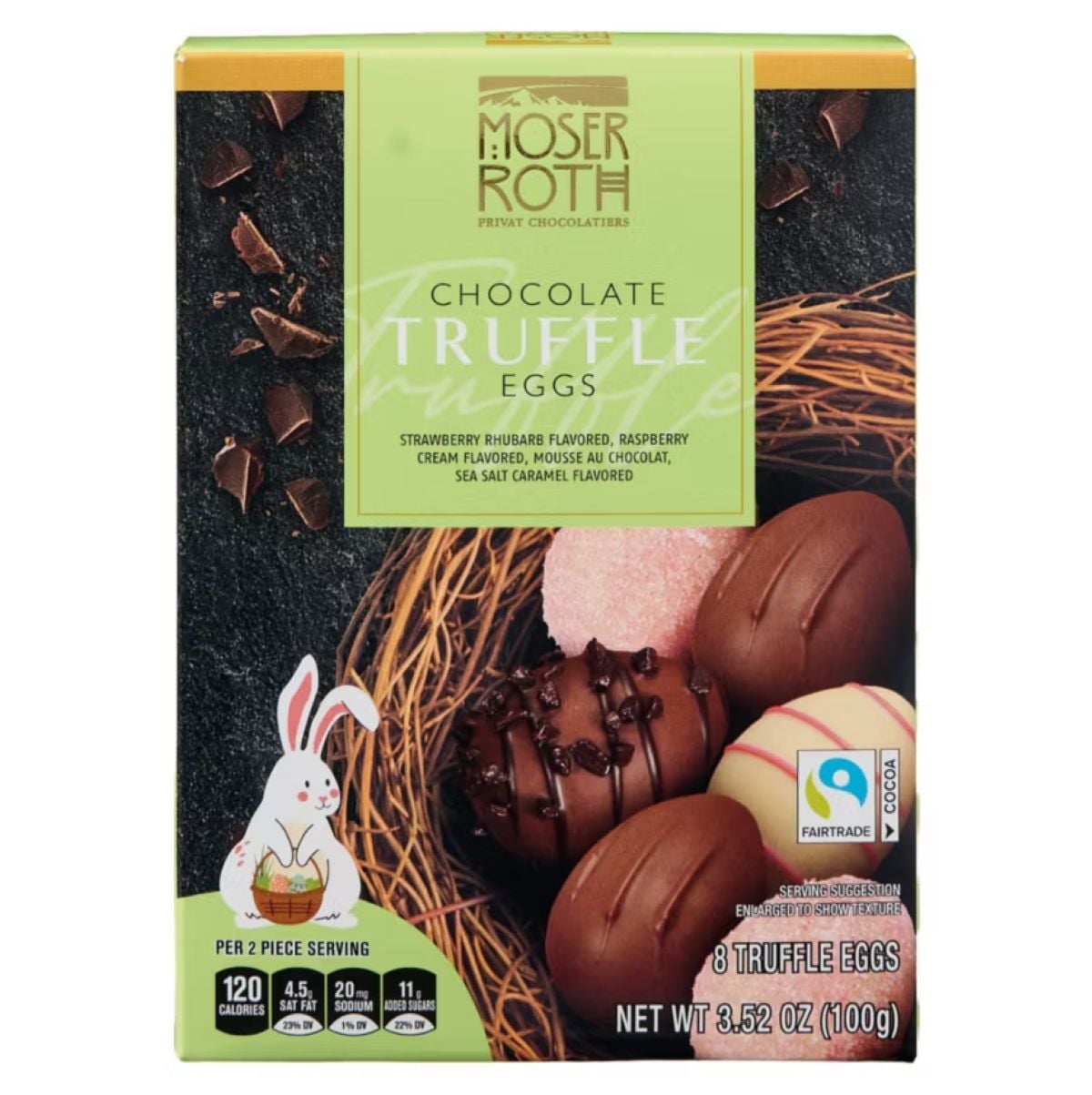 A box of Moser Roth Chocolate Truffle Eggs featuring an illustration of chocolate eggs in a nest, a bunny, and Fairtrade and nutrition labels. The box contains 8 truffle eggs and weighs 3.52 oz (100g).