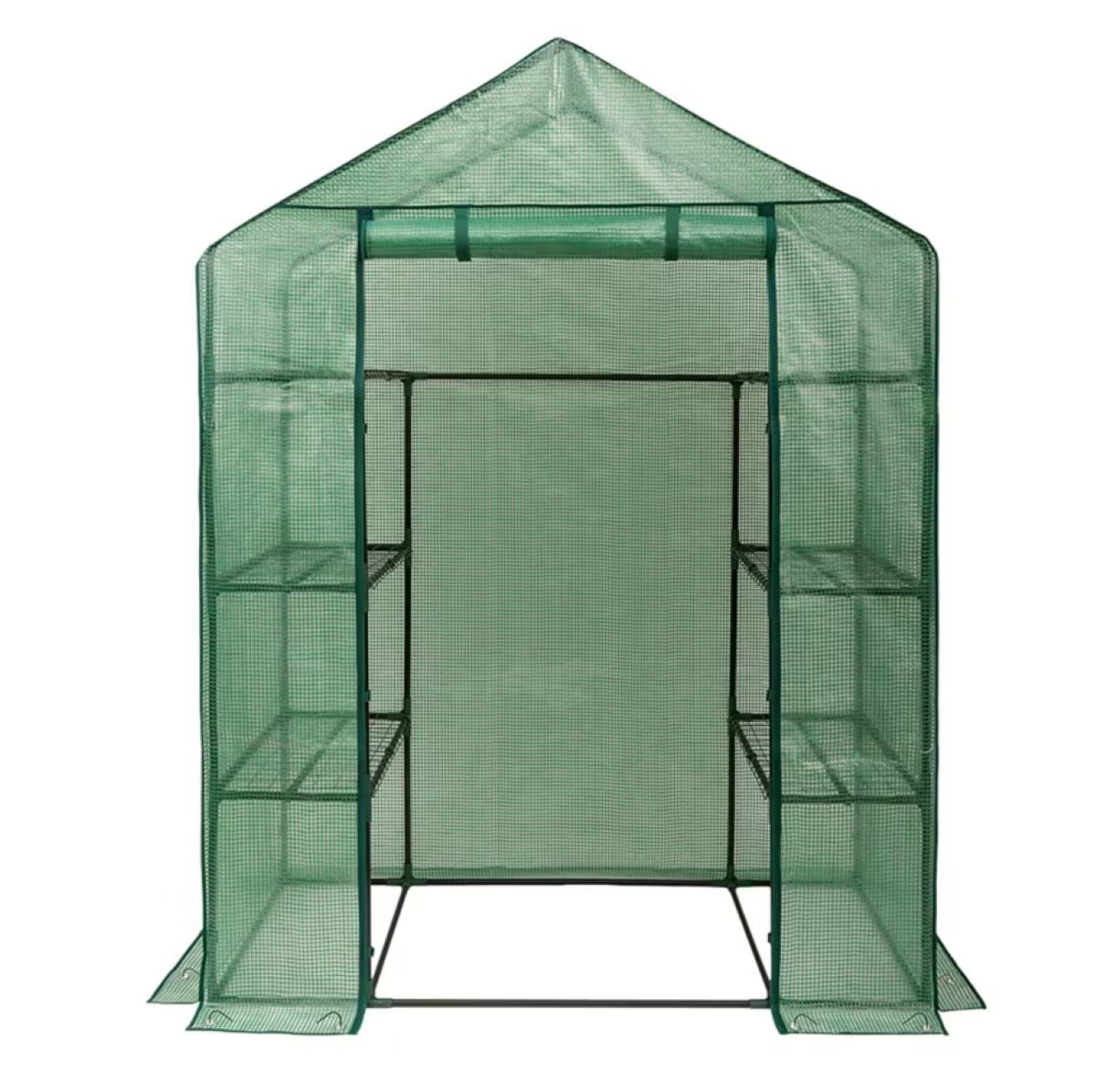 A small, green, walk-in greenhouse with a peaked roof, mesh covering, open front entrance, and four shelves on each side for holding plants or gardening supplies.