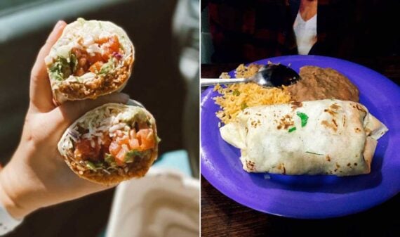 Side-by-side image: on the left, a hand holds a cut burrito revealing rice, tomatoes, lettuce, and meat; on the right, a whole burrito with rice and refried beans on a purple plate&mdash;just like you&rsquo;d find searching for the best burrito in every state.