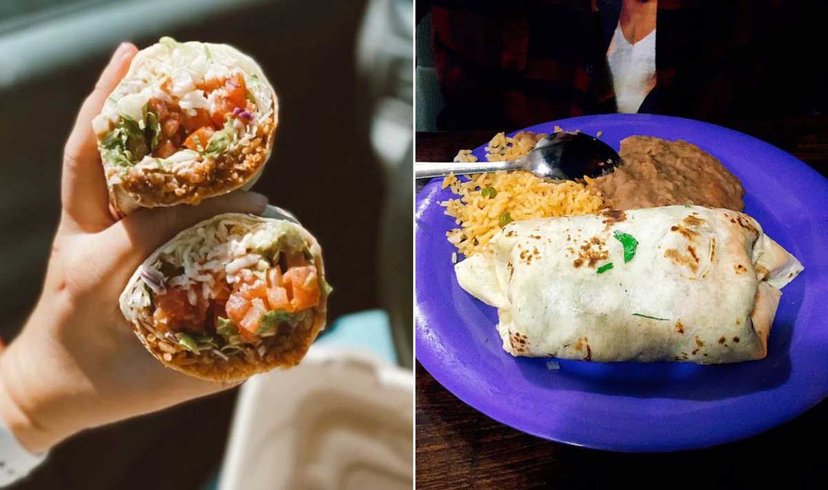 Side-by-side image: on the left, a hand holds a cut burrito revealing rice, tomatoes, lettuce, and meat; on the right, a whole burrito with rice and refried beans on a purple plate—just like you’d find searching for the best burrito in every state.