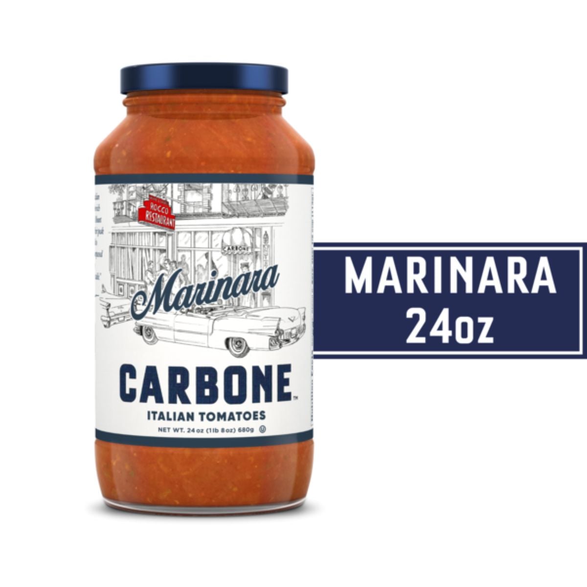 A 24-ounce jar of Carbone Marinara Italian Tomatoes sauce with a white label, vintage car illustration, and bold blue text reading "Marinara 24oz" on the right side.