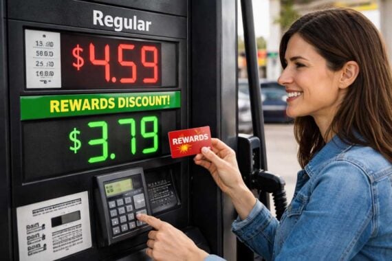 A woman holds a rewards card and presses buttons on a gas pump, which displays regular gas prices of $4.59 and a discounted price of $3.79 for rewards members.