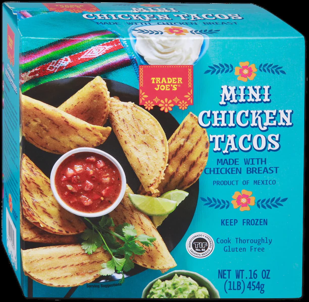 A box of Trader Joe's Mini Chicken Tacos featuring crispy tacos on a black plate with salsa, cilantro, and guacamole, and product details in white and blue text on a turquoise background.