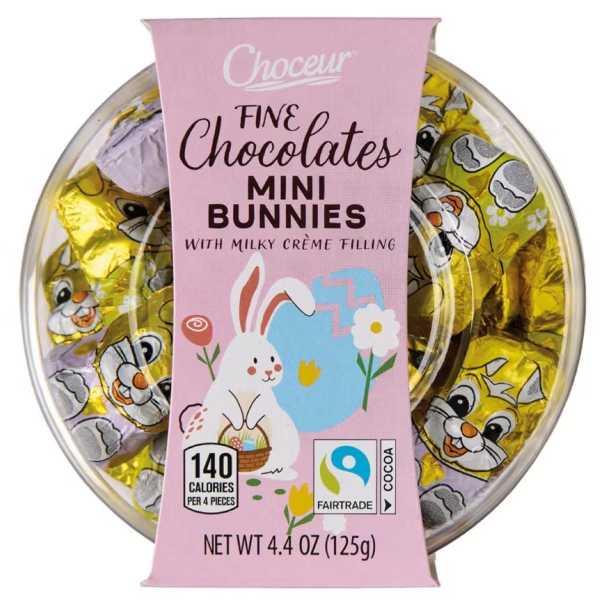 A round plastic container of Choceur Fine Chocolates Mini Bunnies with milky crème filling. The pink label features a white bunny illustration and nutrition info. Wrapped chocolate bunny candies are visible inside.