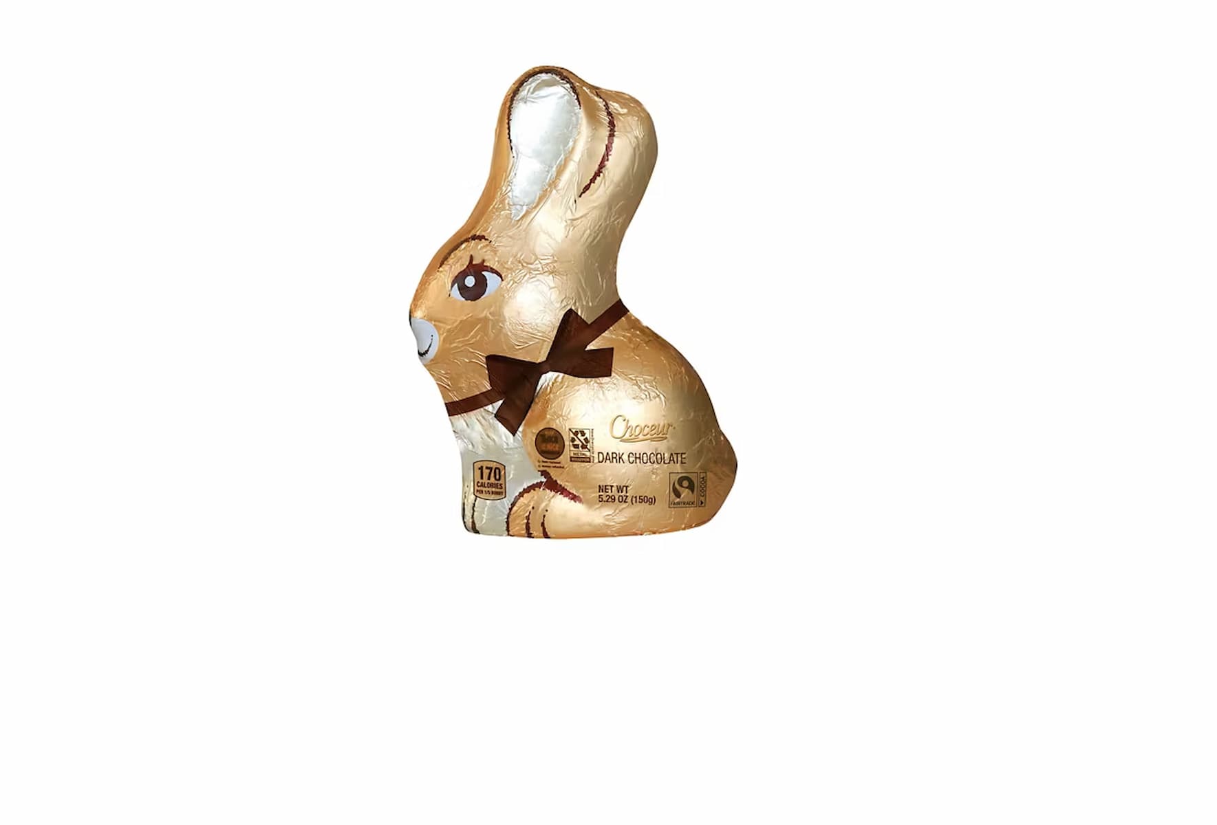 A gold foil-wrapped chocolate bunny with a brown ribbon around its neck, standing upright against a white background.