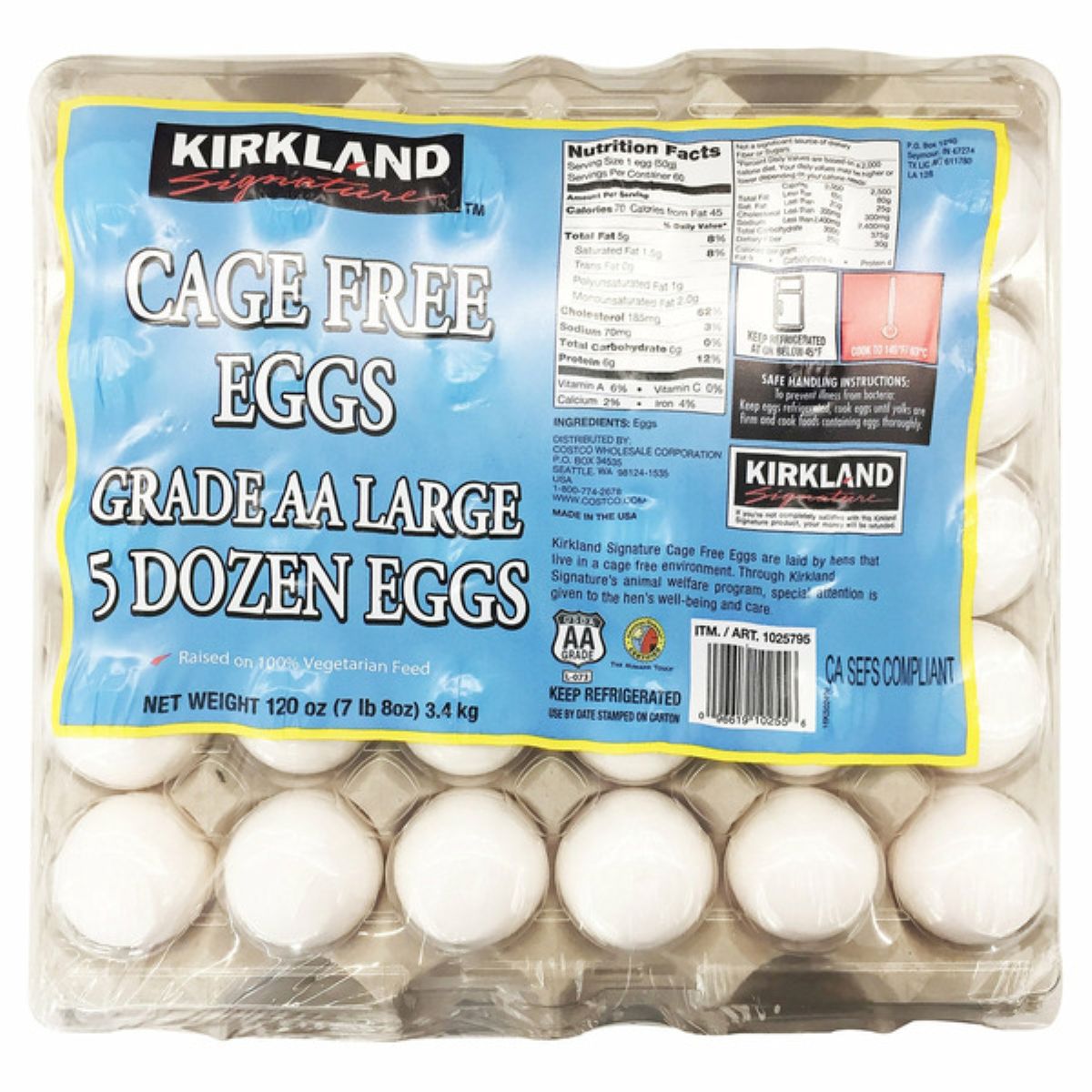 A plastic package of Kirkland Signature cage-free eggs labeled "Grade AA Large, 5 Dozen Eggs" with white eggs visible inside. The blue label includes nutrition facts and storage instructions.