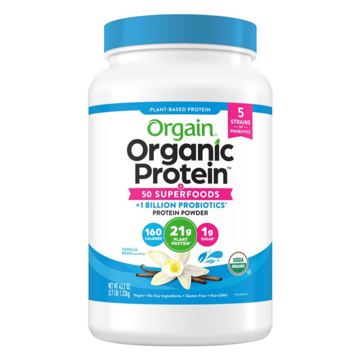 A container of Orgain Organic Protein & Superfoods powder, vanilla bean flavor, labeled as plant-based, with 21g protein, 1g sugar, 160 calories per serving, vegan, and USDA organic. The label shows vanilla flowers and beans.