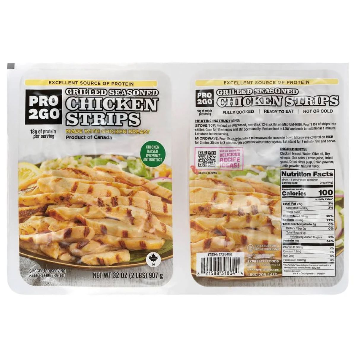 Package of PRO2GO Grilled Seasoned Chicken Strips, showing sliced grilled chicken on the front, nutrition facts, and product details on the back. The label highlights 18g protein per serving and ready-to-eat convenience.