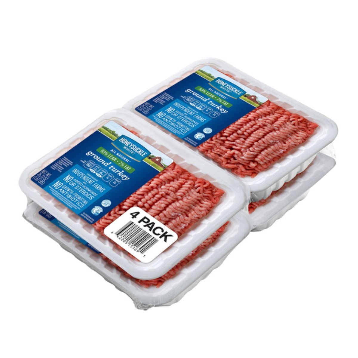Four packages of Impossible plant-based ground "beef" stacked in two layers, each in a clear plastic tray with a blue and white label, marked "4 PACK" in black text.