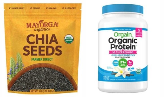 A bag of Mayorga Organics Chia Seeds sits next to a tub of Orgain Organic Protein Powder&mdash;two high protein Costco items&mdash;both featuring prominent branding and nutrition labels on their packaging.