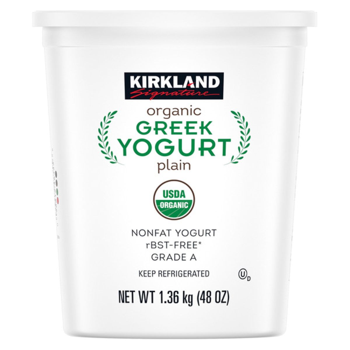 A white container of Kirkland Signature Organic Greek Yogurt, plain flavor, with green and black text. It is labeled nonfat, rBST-free, Grade A, USDA organic, and weighs 1.36 kg (48 oz).