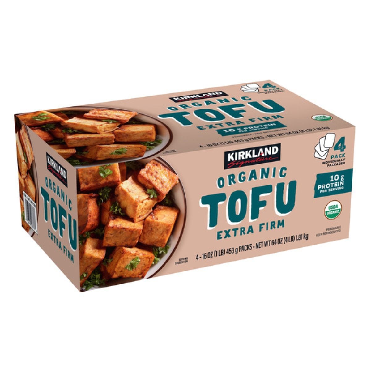 A 4-pack box of Kirkland Organic Extra Firm Tofu with an image of golden-brown tofu cubes in a bowl. The label highlights 18g protein per serving and USDA Organic certification.